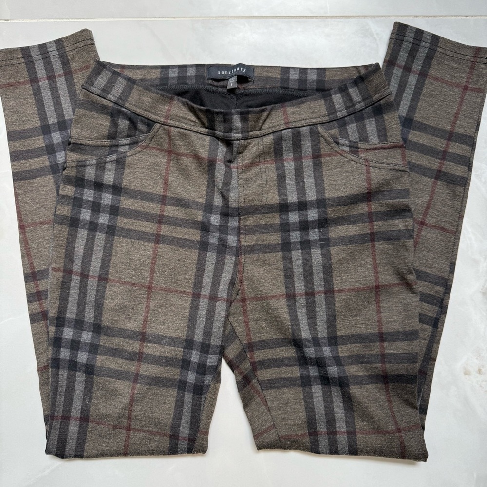 Sanctuary Plaid Trousers with Brown and Gray Pattern